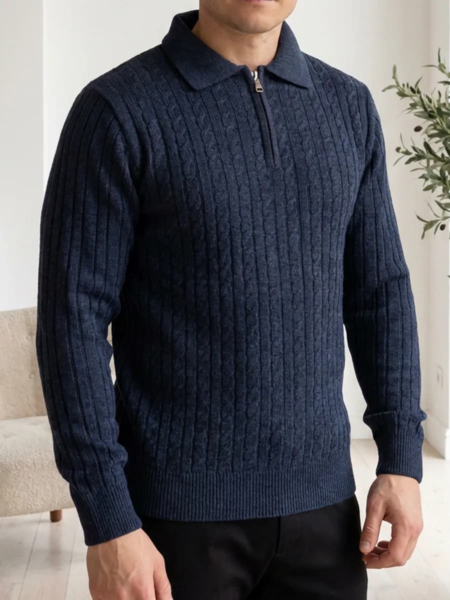 Свитер на молнии вязаный теплый шерстяной джемпер поло