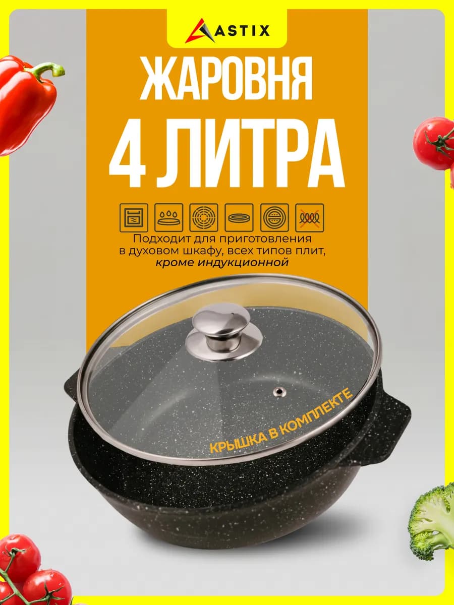 Жаровня с крышкой 4 л кастрюля антипригарная литая