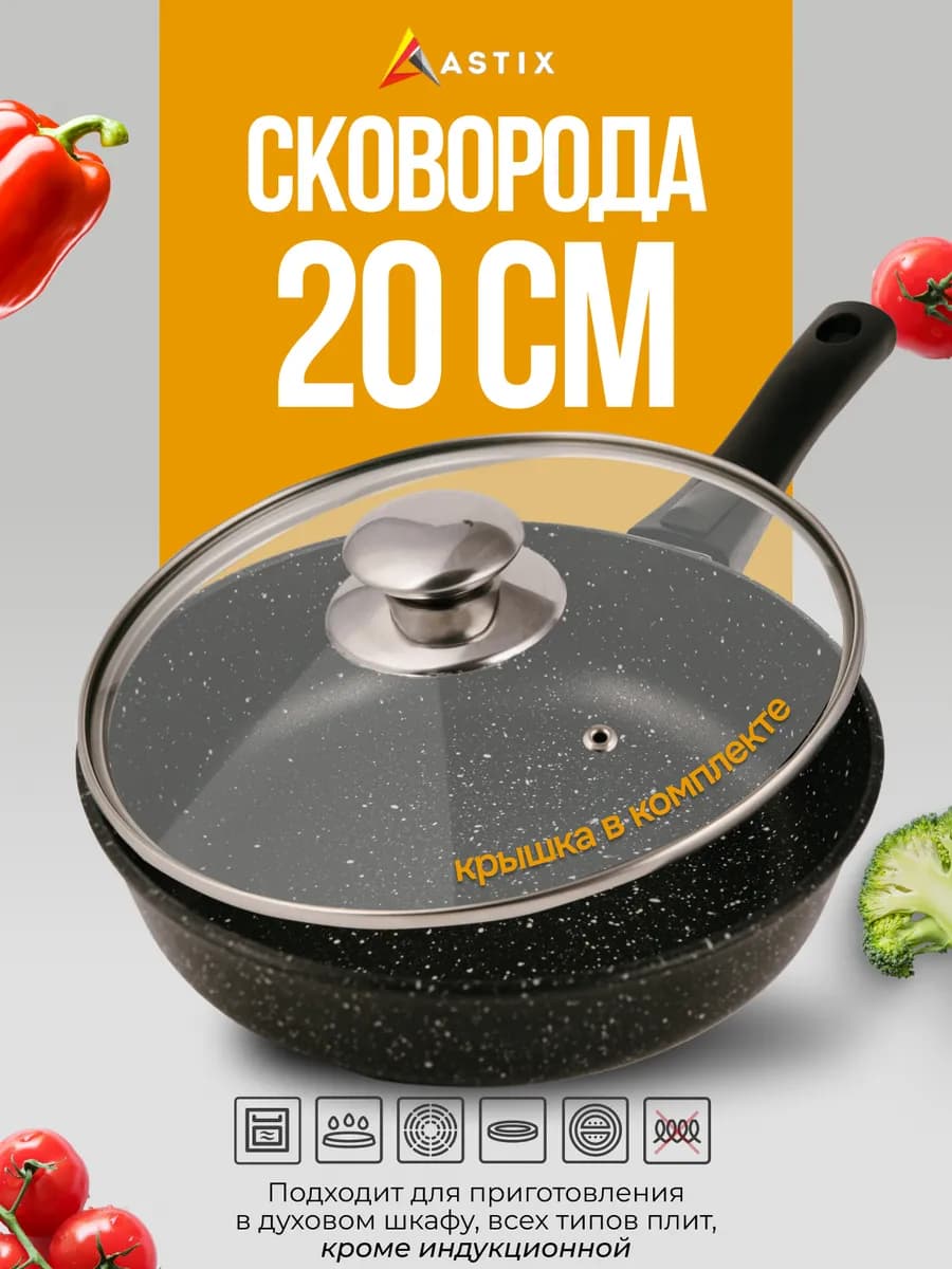 Сковорода с крышкой 20 см со съемной ручкой