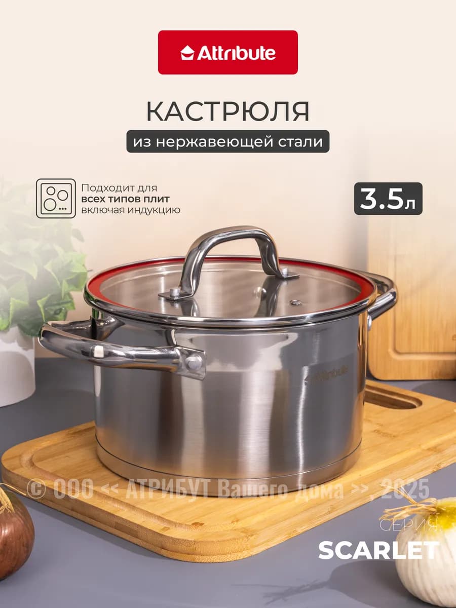 Кастрюля из нержавеющей стали SCARLET 3,5 л с крышкой
