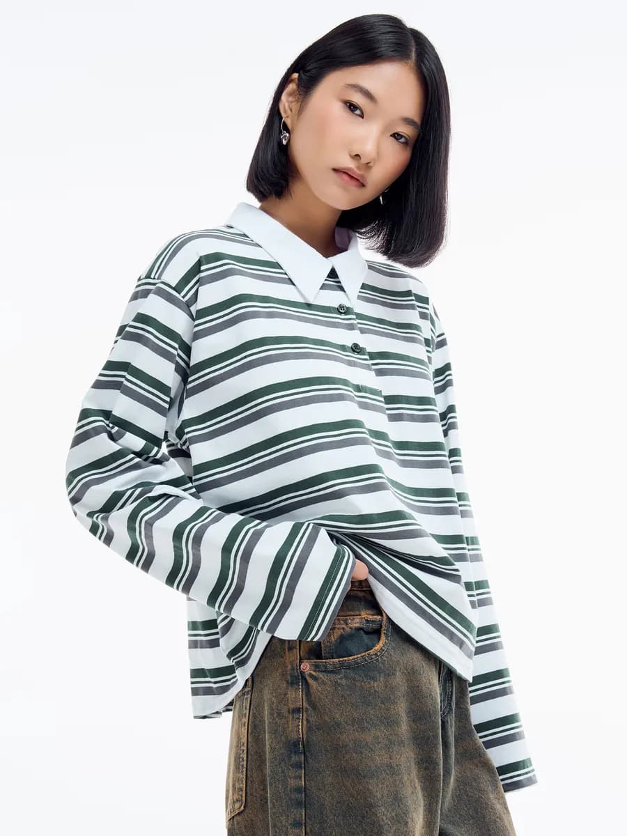 Рубашка-поло оверсайз укороченная в полоску