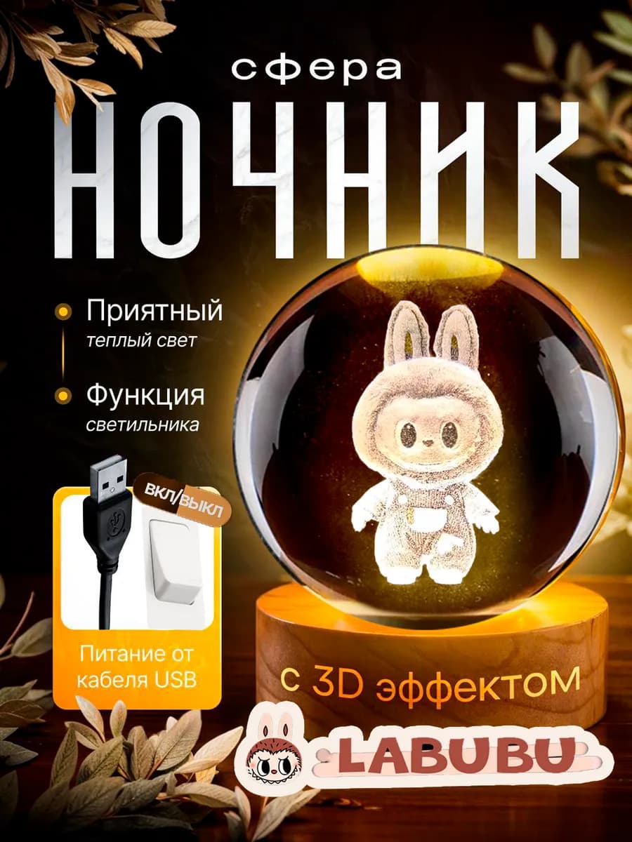 Светильник сфера ночник Лабубу "Хрустальный шар" с кнопкой