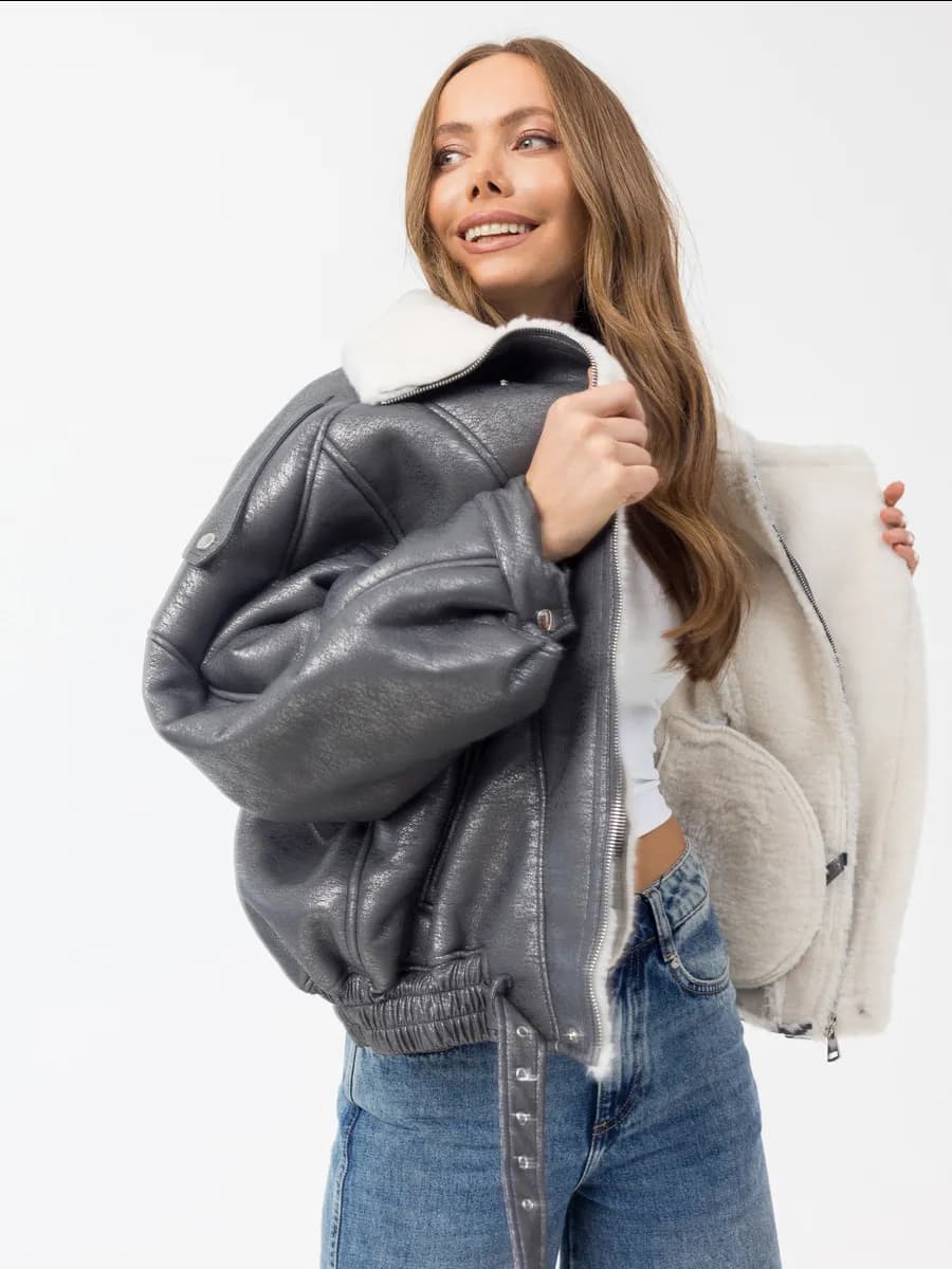 Дубленка косуха с искусственным мехом короткая оверсайз