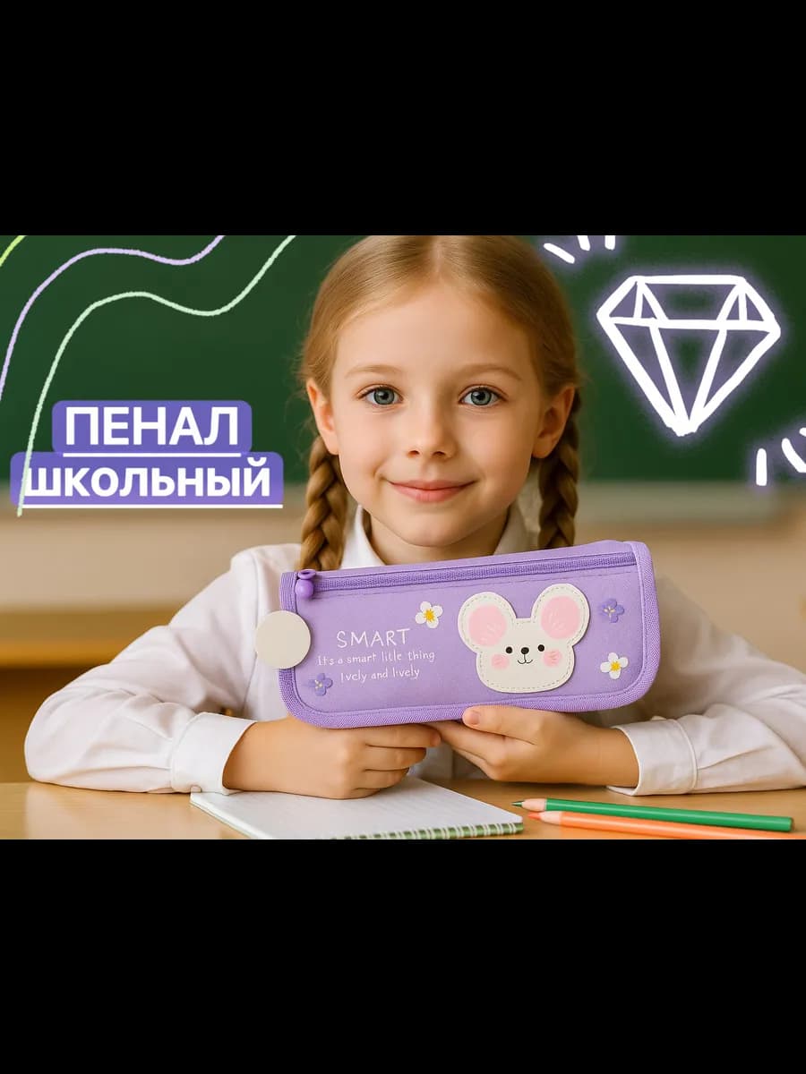 Пенал школьный фиолетовый с мышкой