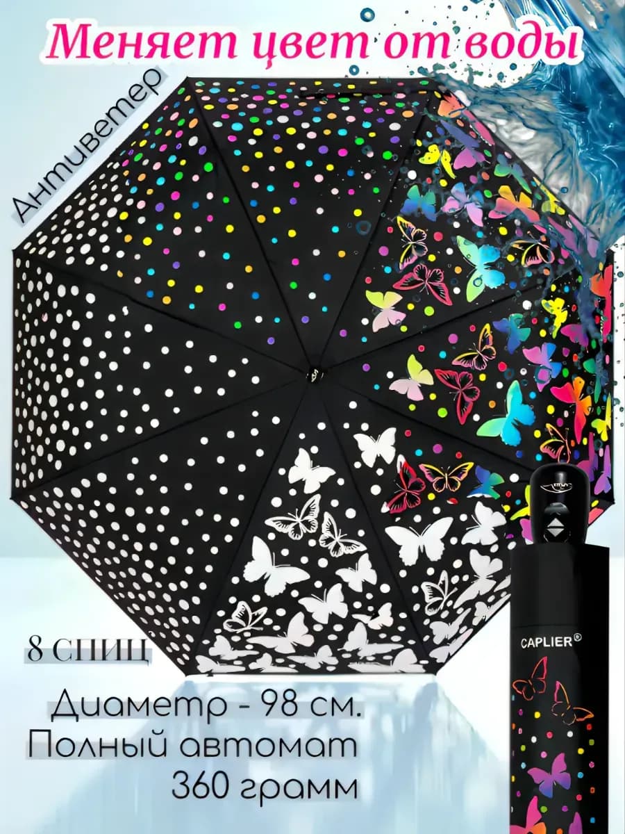 Зонт автомат антиветер проявляющийся с бабочками