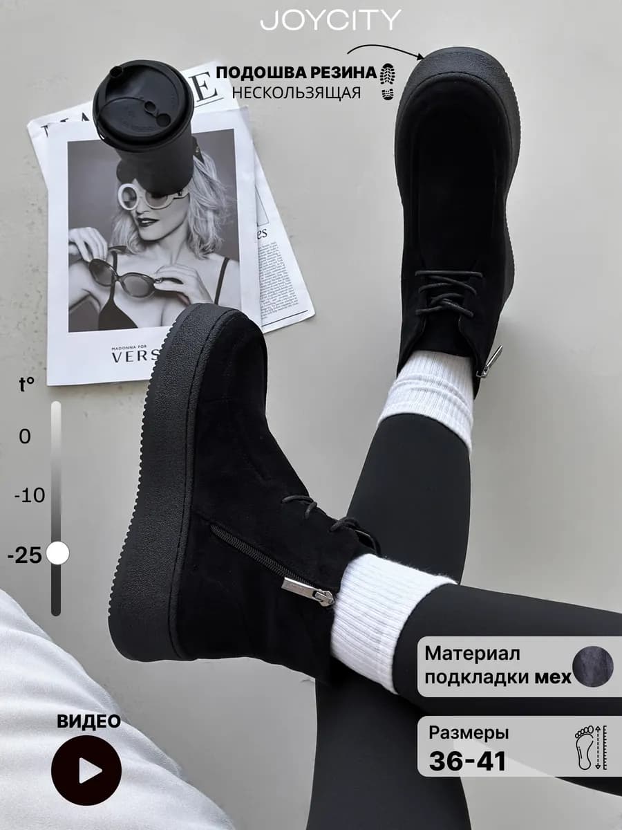 Ботинки замшевые на платформе зимние с мехом - фото 1