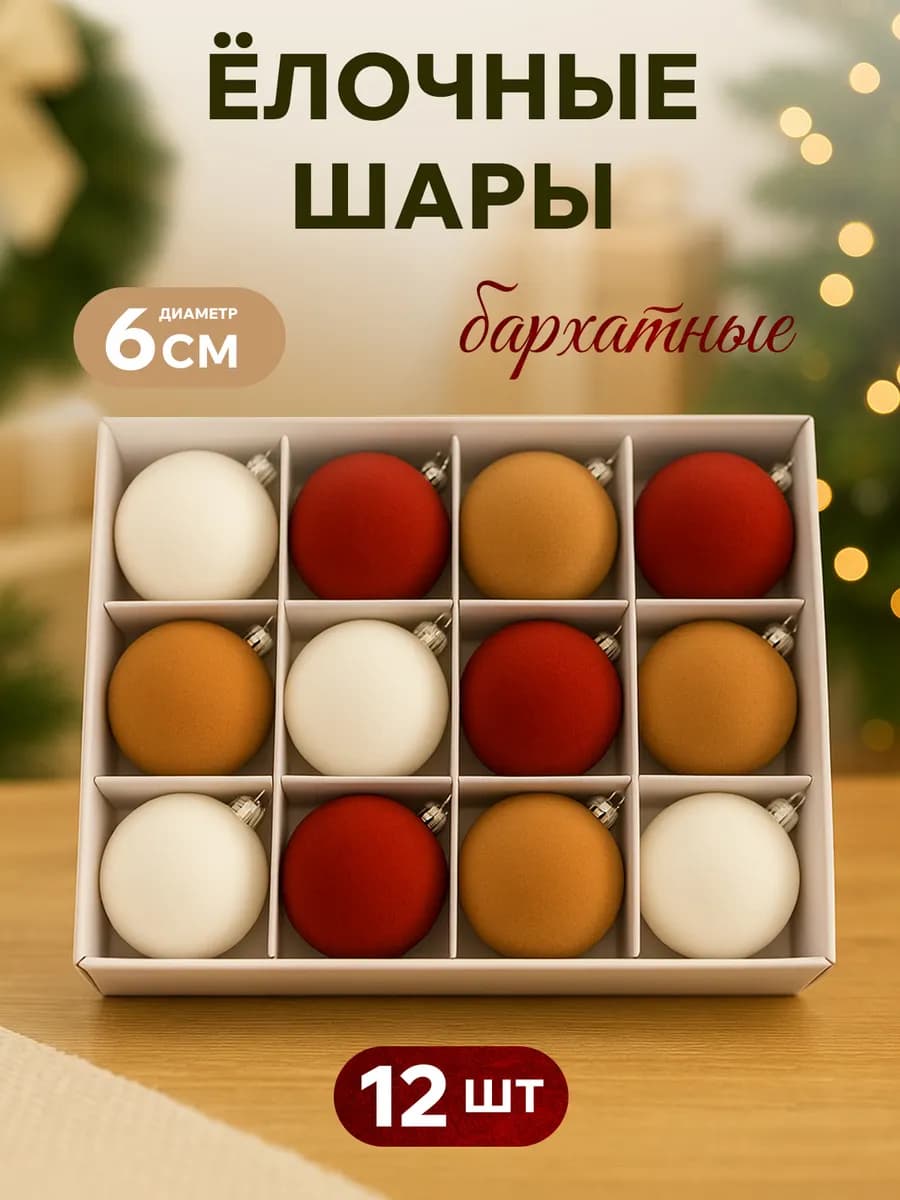 Набор новогодних елочных шаров бархатных - фото 1