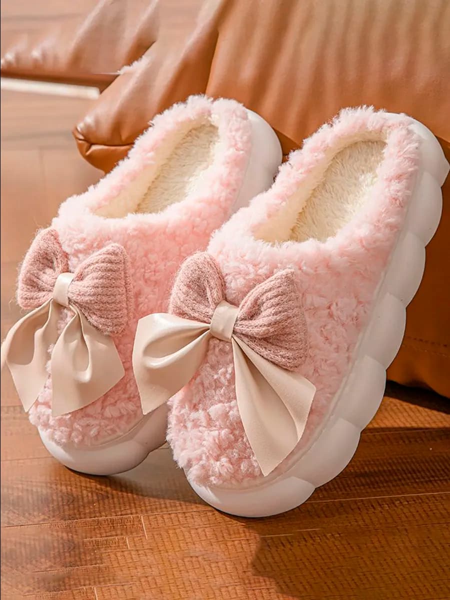 Домашние тапочки закрытые с бантиком теплые с мехом