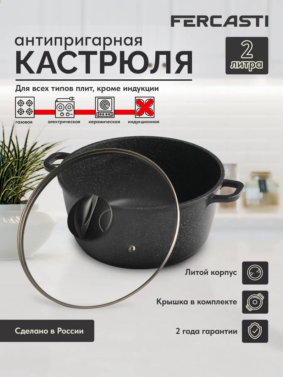 Кастрюля антипригарная с крышкой 2 л