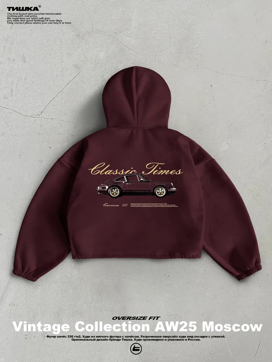 Укороченное оверсайз худи с принтом на спине ретро машина