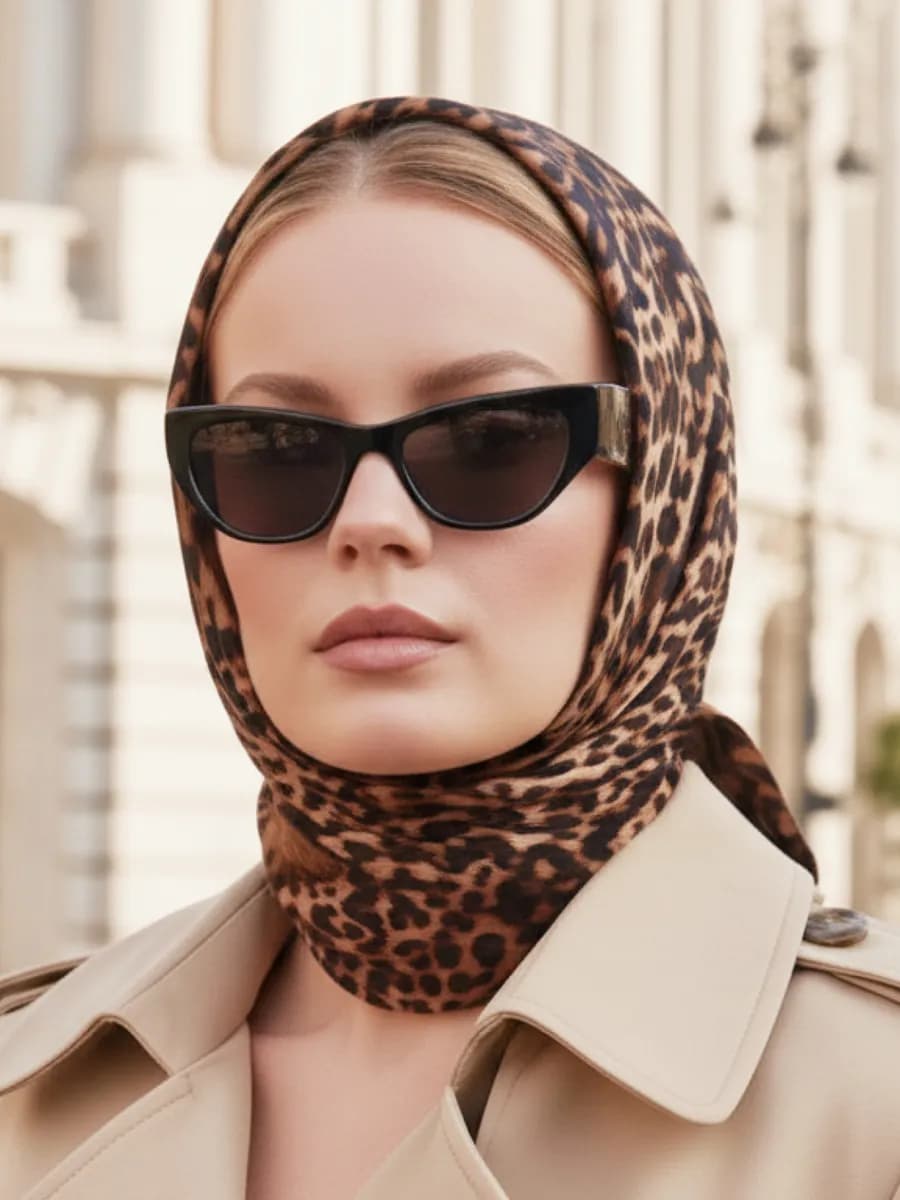 Платок шелковый леопардовый на голову и шею