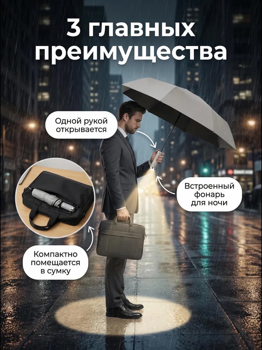 Зонт обратного сложения с фонариком