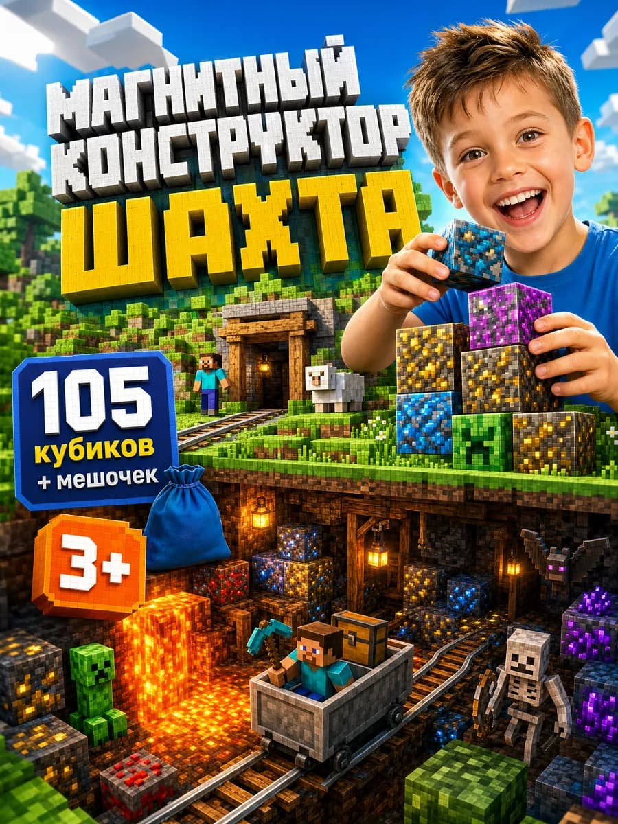 Магнитный конструктор Minecraft, кубики Шахта