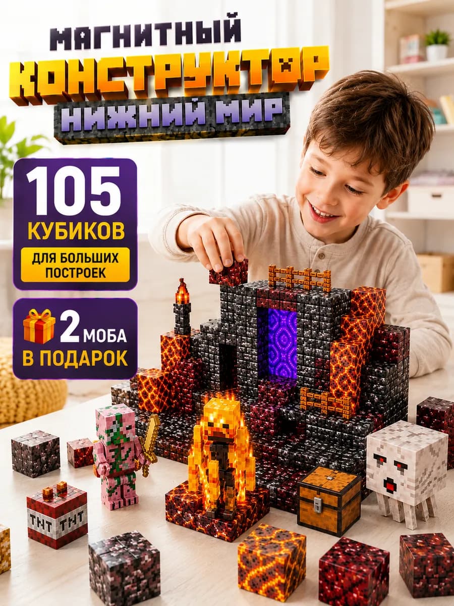 Магнитный конструктор Minecraft кубики Нижний мир