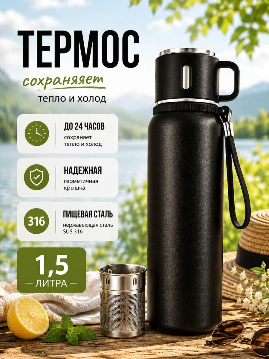 Термос 1,5 л вакуумный с кружкой и ситечком