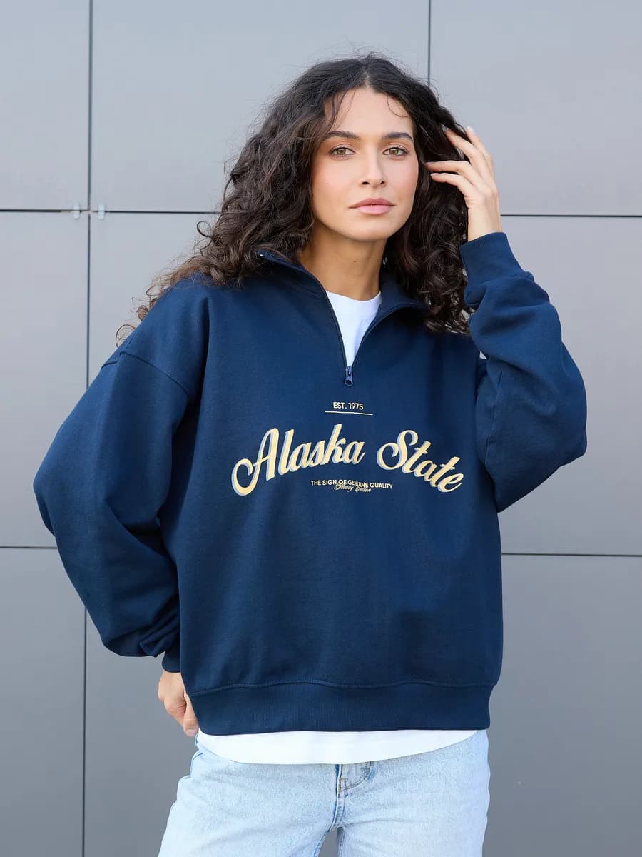 Свитшот полузамок женский оверсайз с принтом без начеса