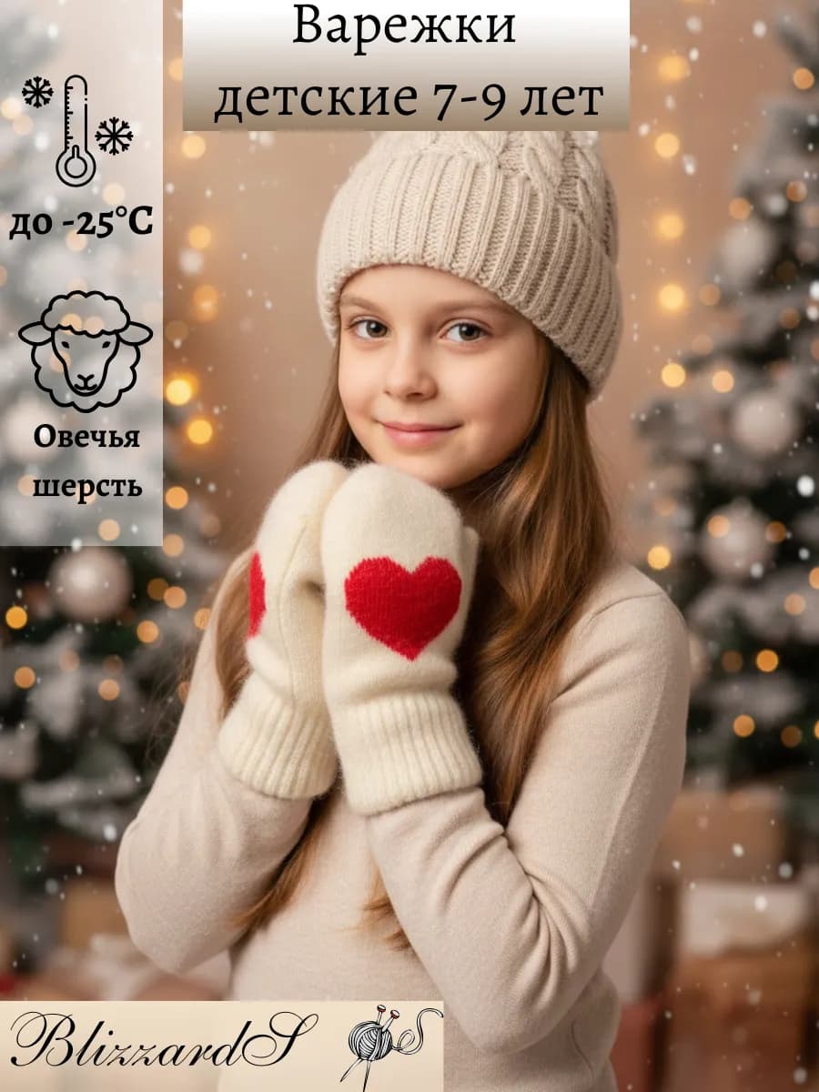Варежки с сердцем шерстяные вязаные на 7-9 лет