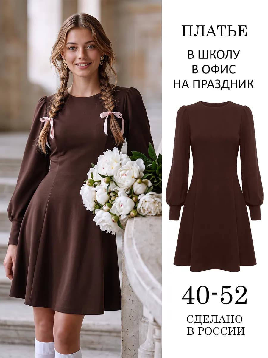 Платье коричневое офисное школьное короткое