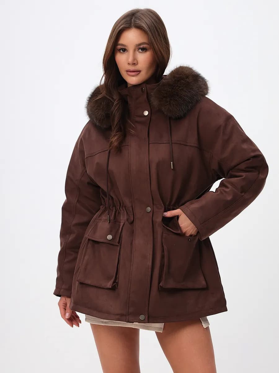 Длинная куртка замшевая парка с съемный мехом капюшоном