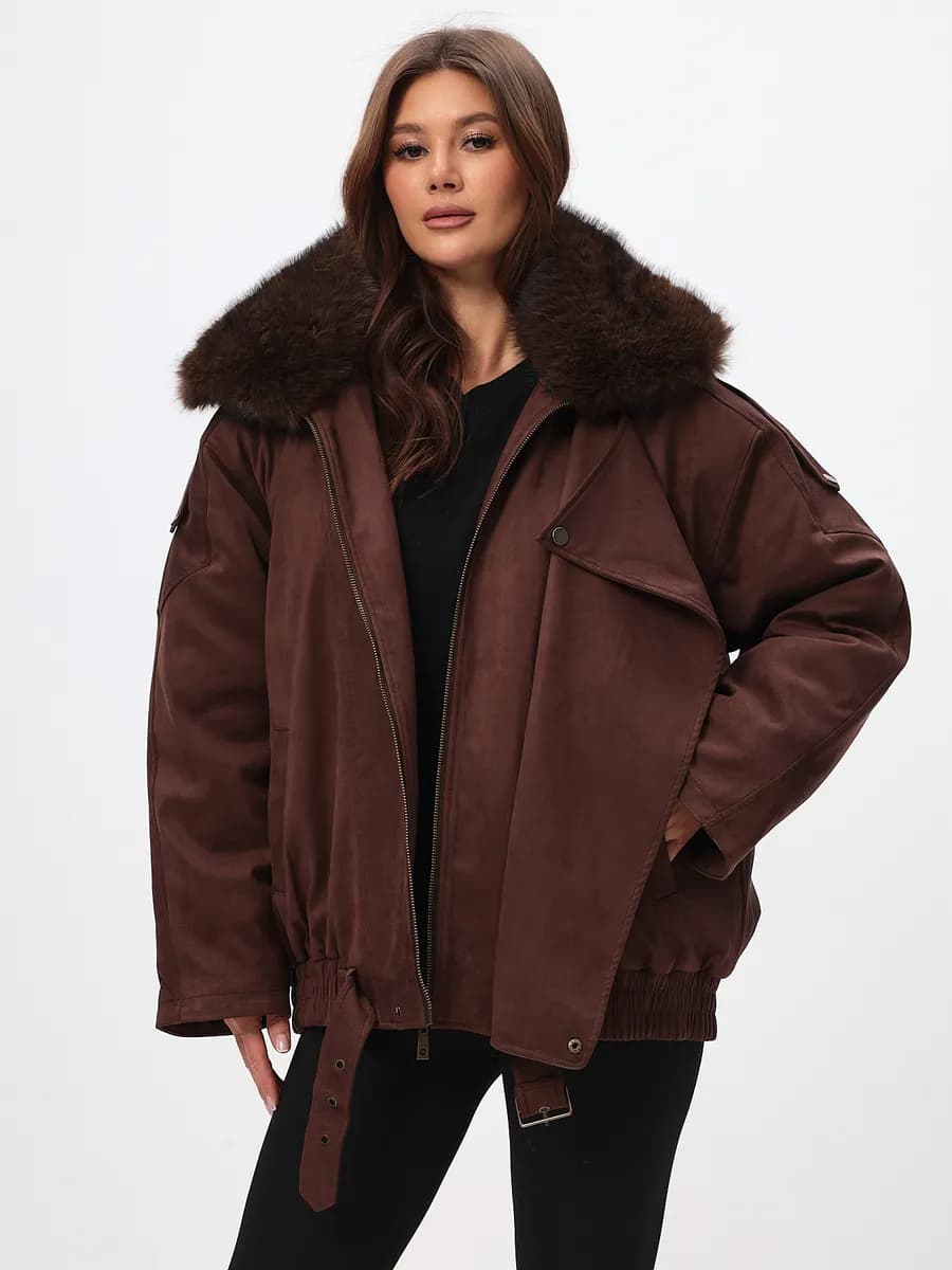 Замшевая косуха с съемная капюшон и искусственный мехом