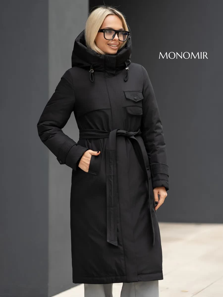 Пуховик зимний длинный с поясом