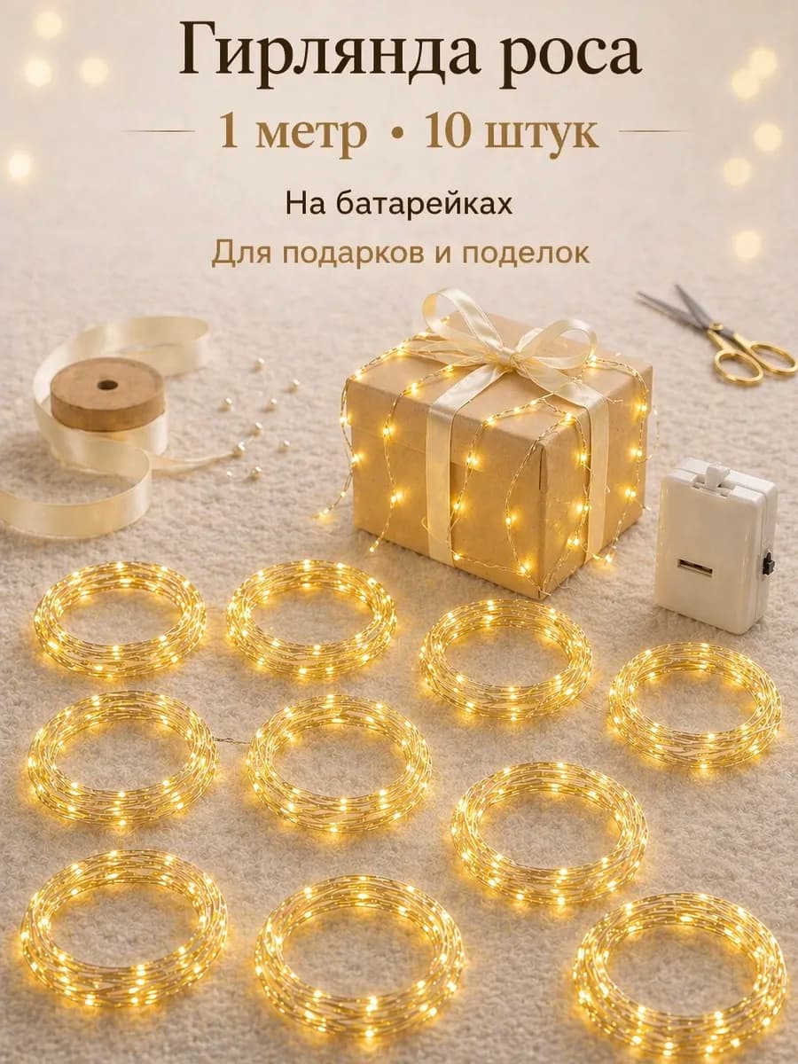 Гирлянда на батарейках маленькая 1 метр набор 10 штук желтая
