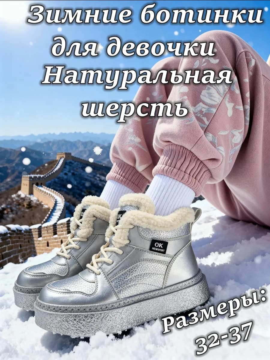 Детские зимние ботинки сапоги на липучке натуральный мех