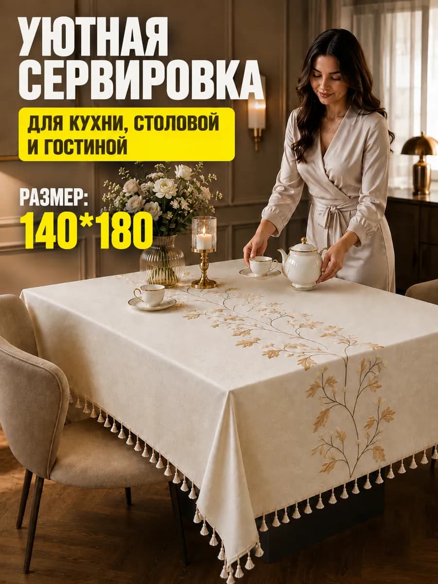 скатерть на стол водоотталкивающая с вышивкой 140x180