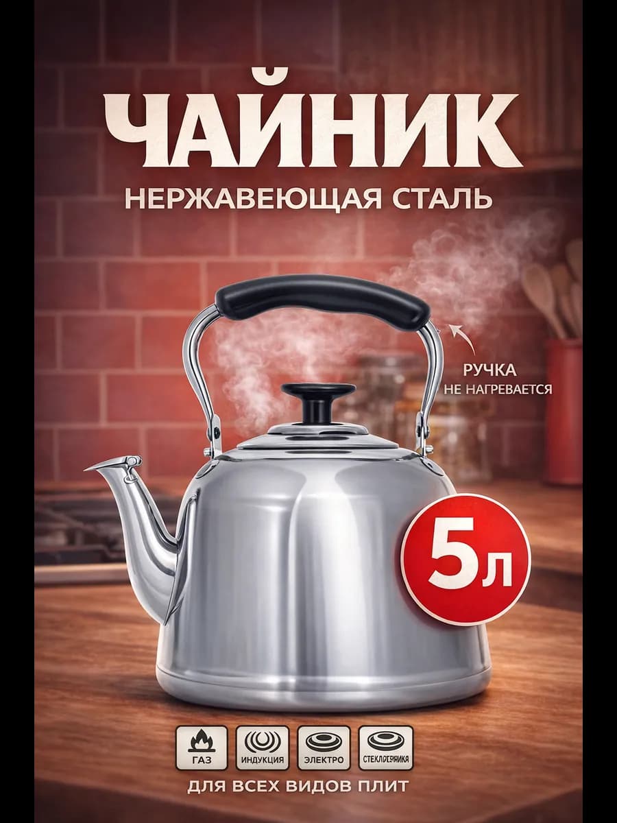 Чайник металлический со свистком для всех плит 5 литров