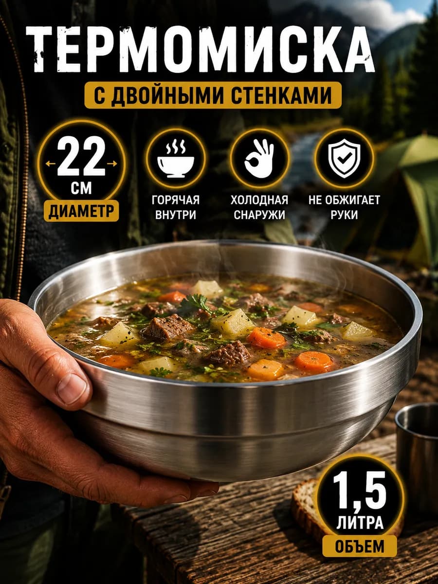 Термомиска из нержавеющей стали 22 см с двойными стенками