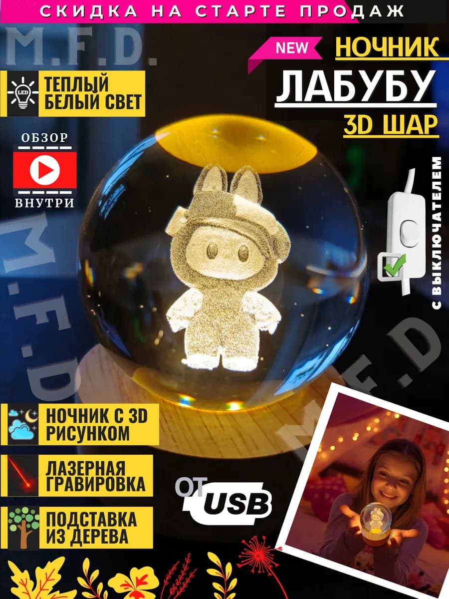 Ночник светодиодный стеклянный шар детский светильник лабубу