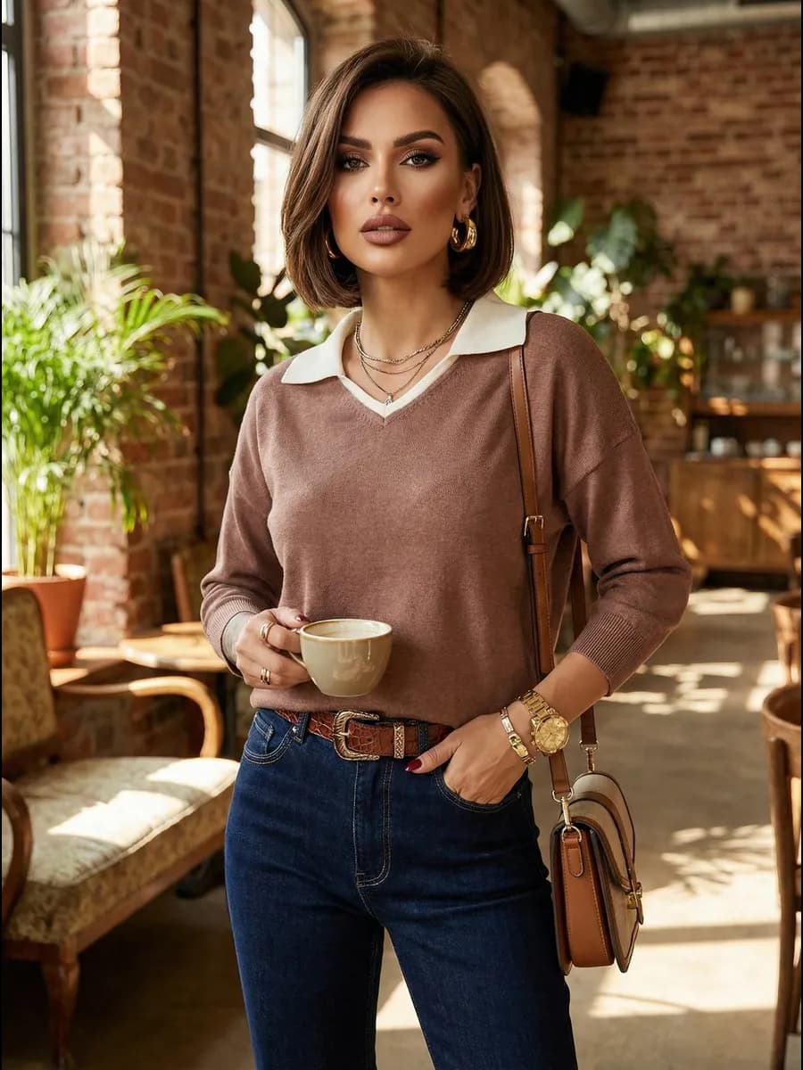 Джемпер вязаный тонкий с воротником поло