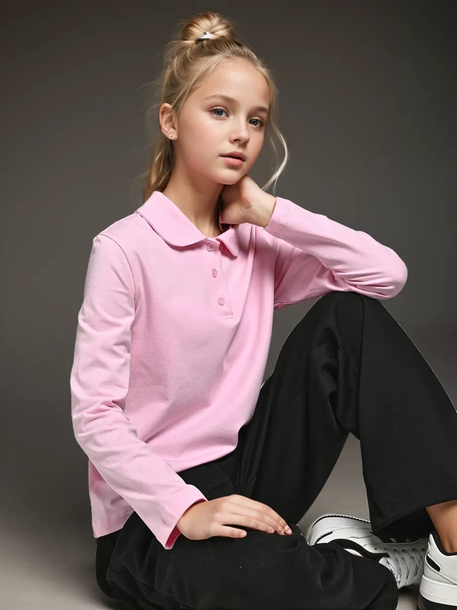 Школьная хлопковая блузка поло с длинным рукавом