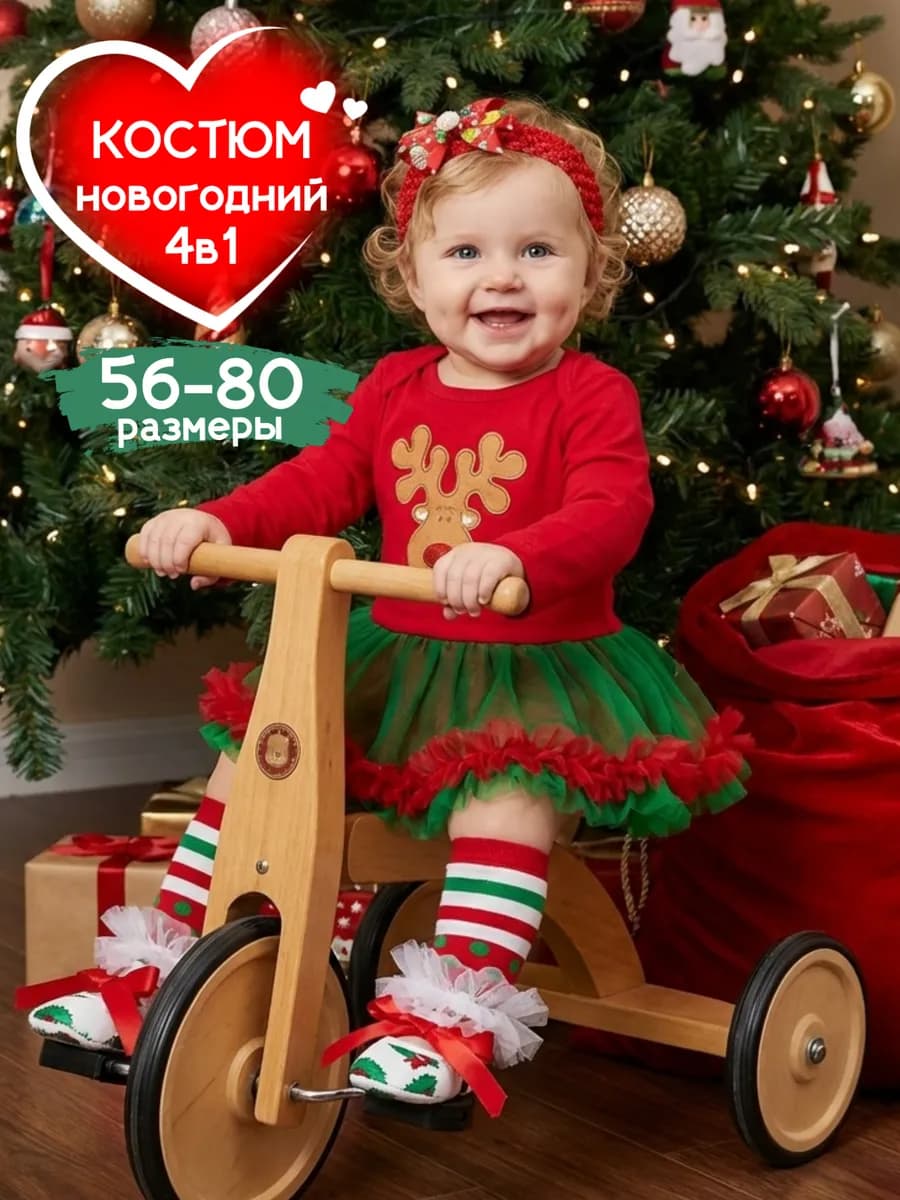 Боди с юбочкой на Новый год для новорожденных 4в1 - фото 1