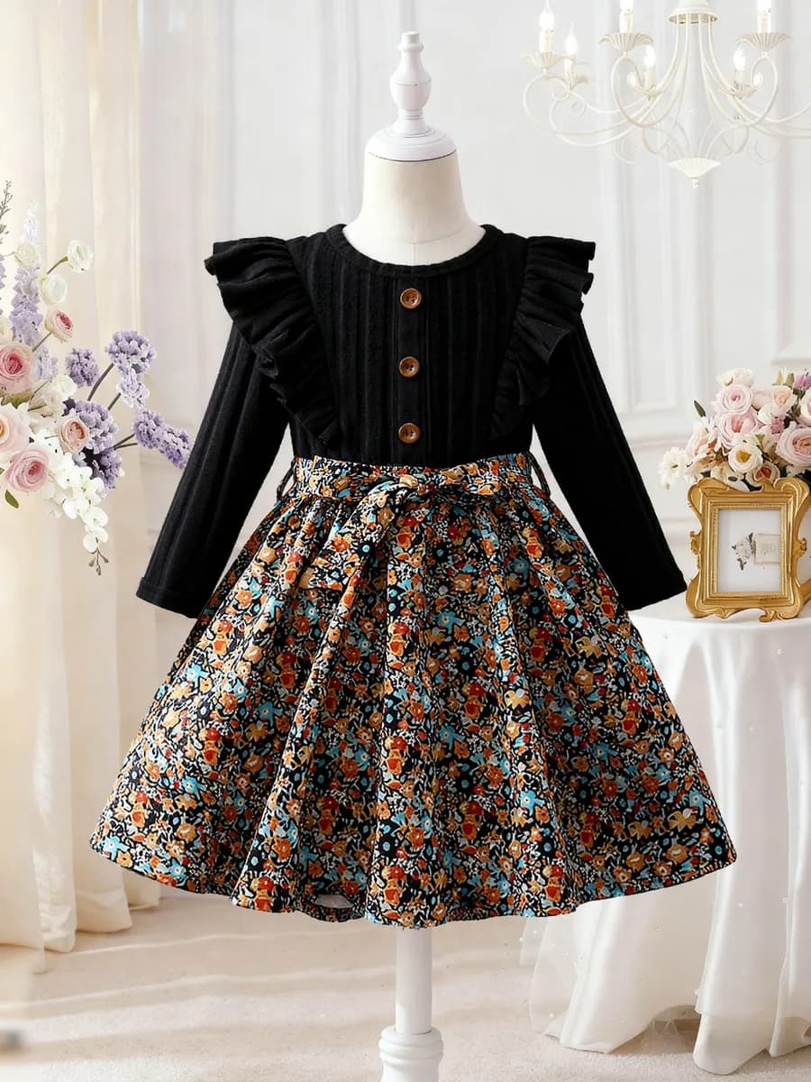 Платье для девочки вязаный топ и цветочная юбка - фото 1