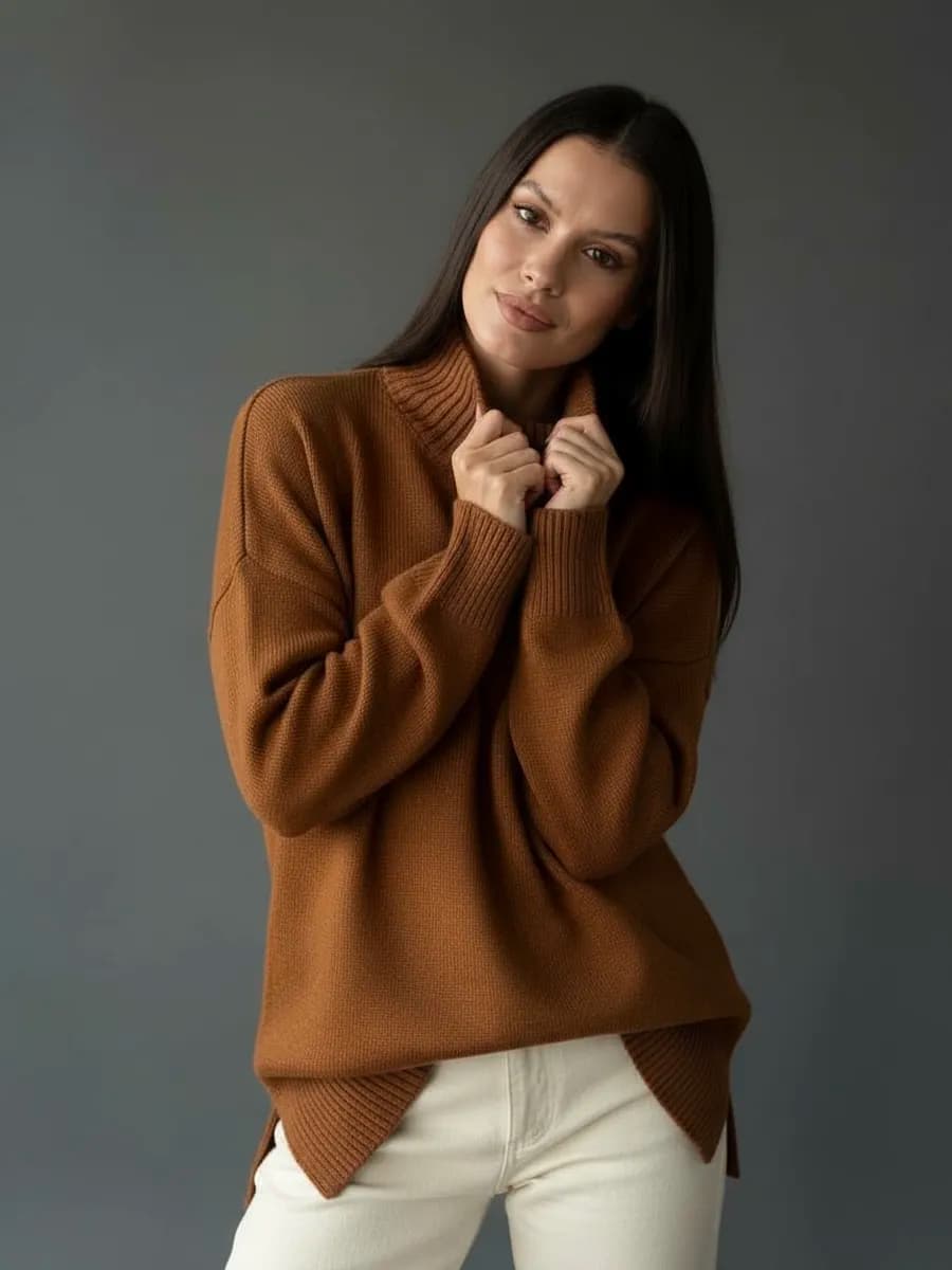 Свитер оверсайз вязаный удлиненный c горлом