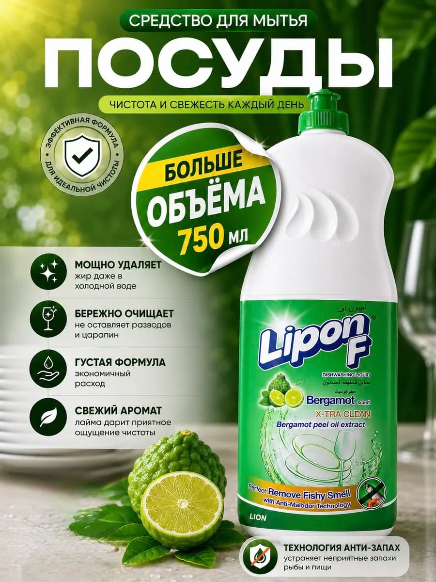 Средство для мытья посуды 750 мл. Lipon-F PRO, Бергамот