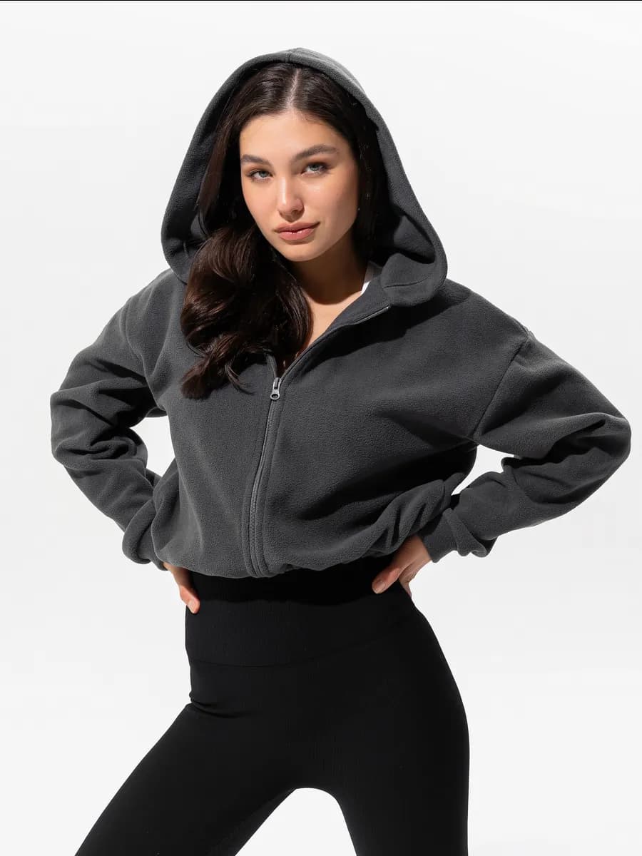 Флисовая кофта худи укороченная с капюшоном теплая