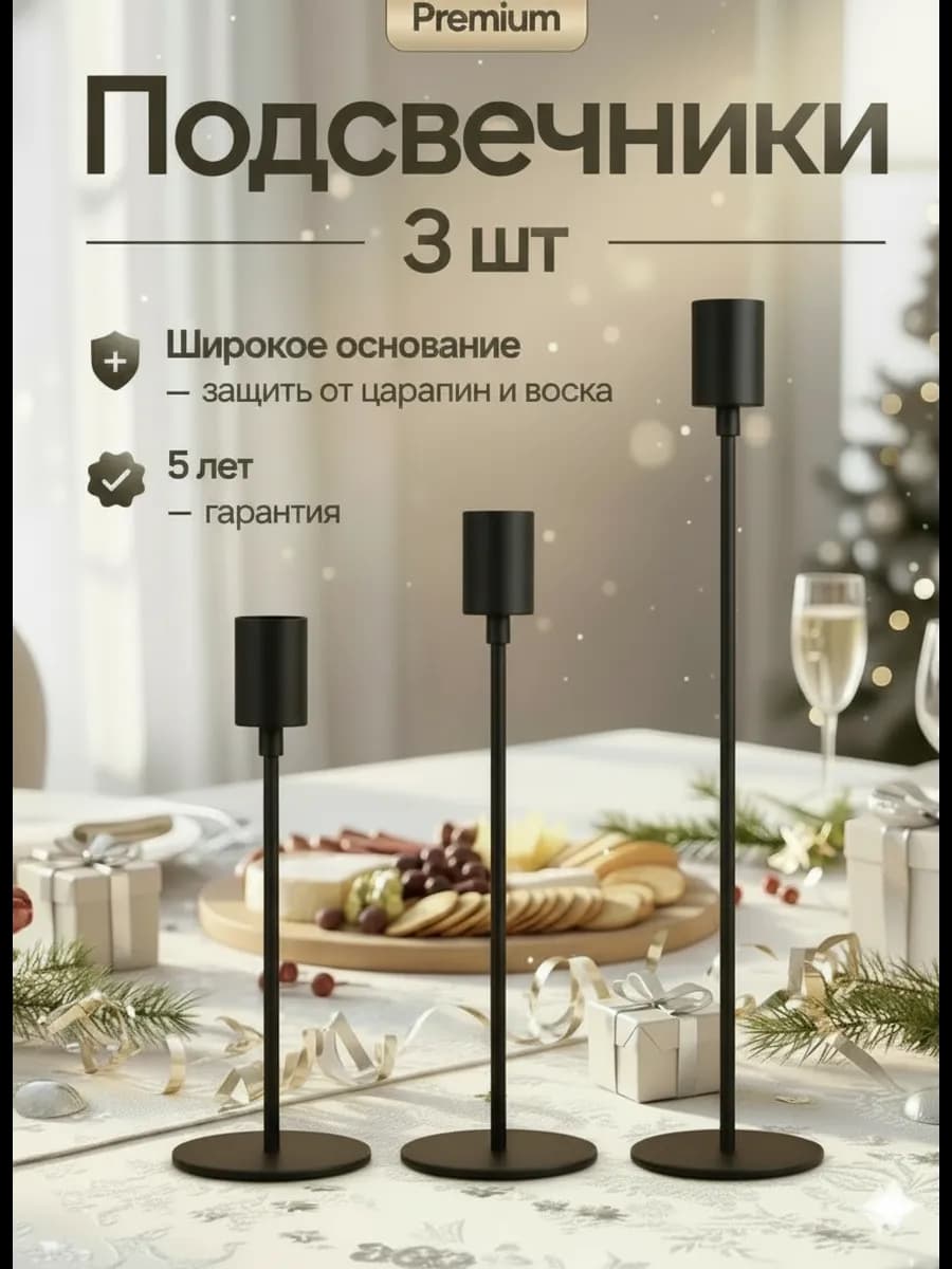 Подсвечники для свечей высоких металлические, набор 3 штуки