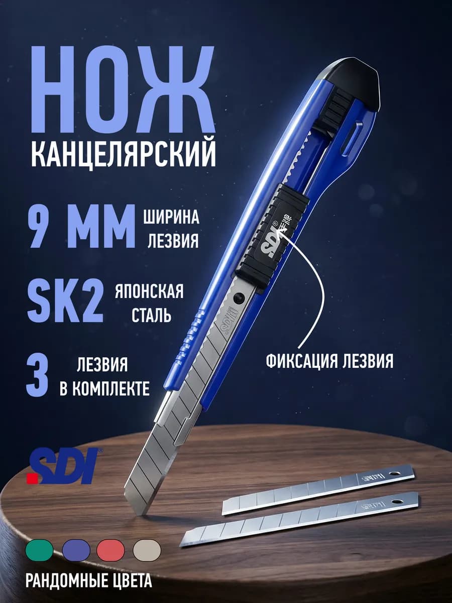 Нож канцелярский 9 мм с запасными лезвиями и автостопом