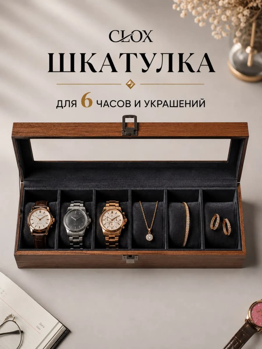 Шкатулка для хранения часов 6 слотов деревянная