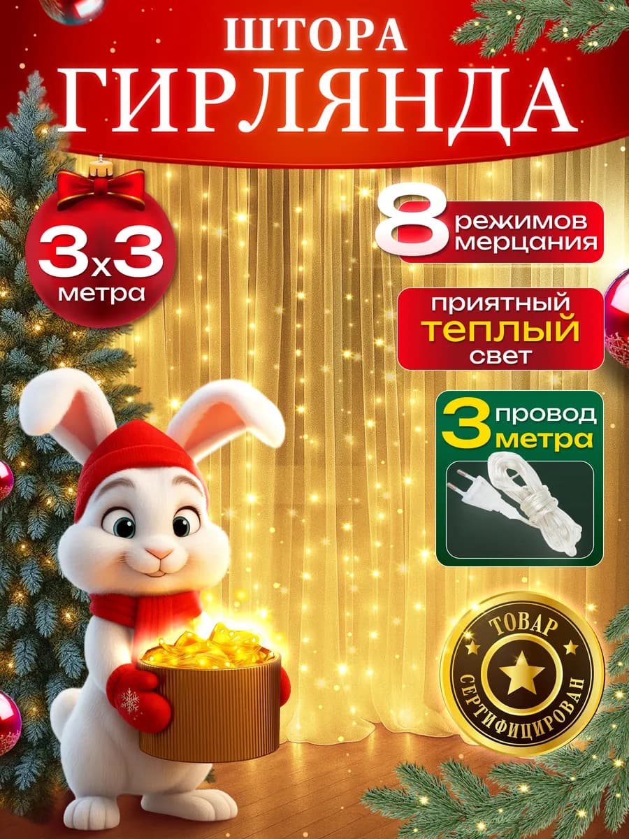 Гирлянда штора 3х3 на окно желтая