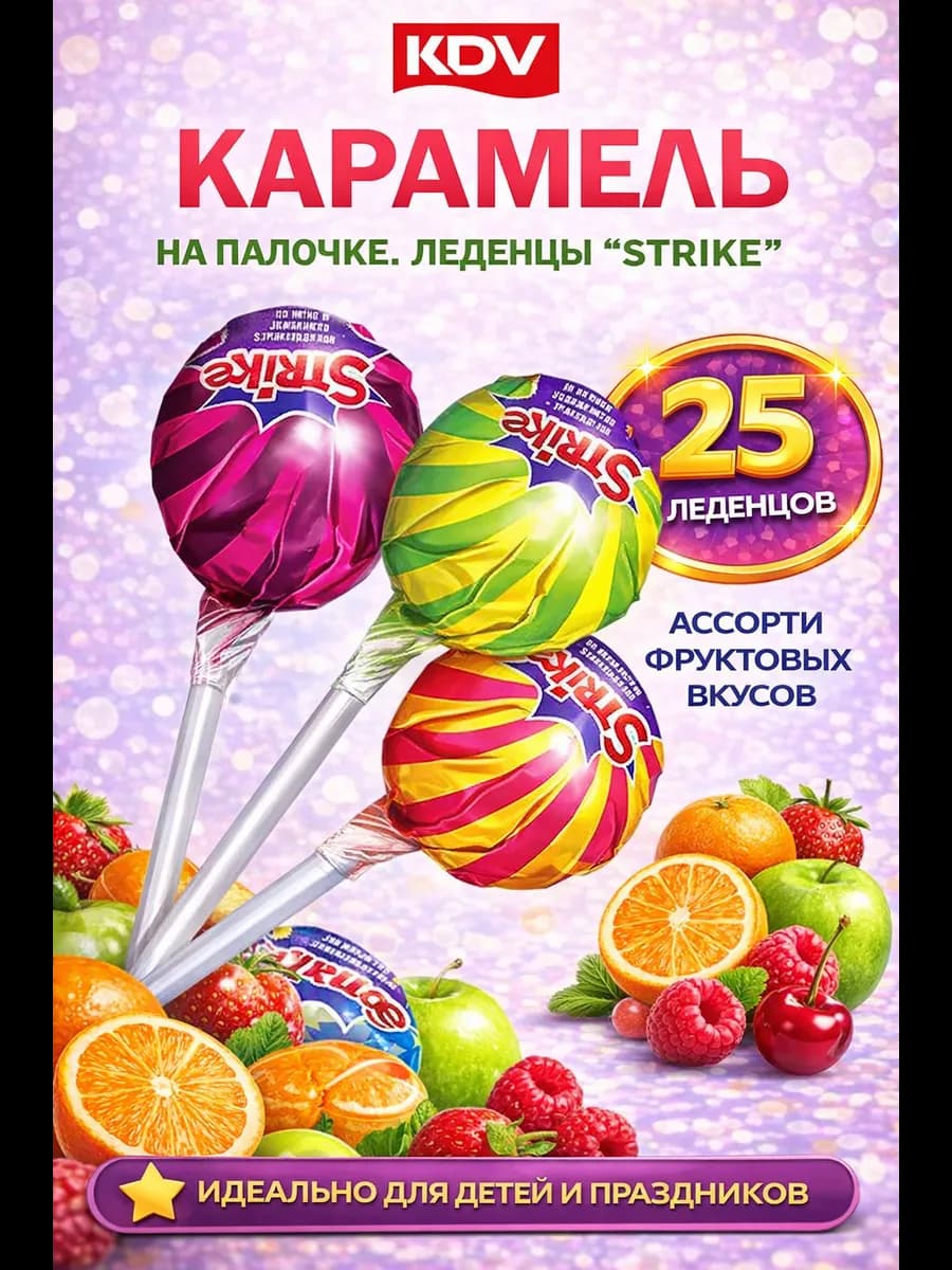Карамель на палочке ассорти с жевательной конфетой 25 штук