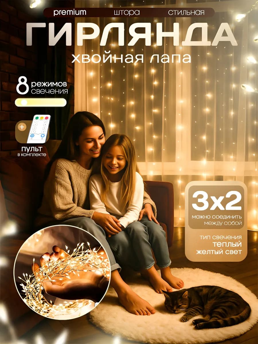 Гирлянда штора мишура хвойная лапа 3х2 желтая на окно