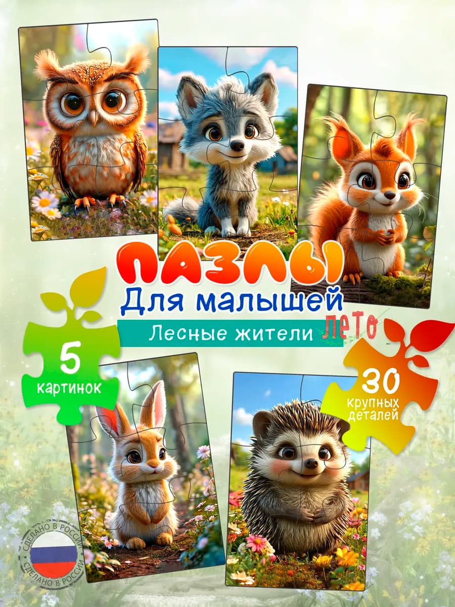 Деревянные пазлы для детей 5шт в наборе