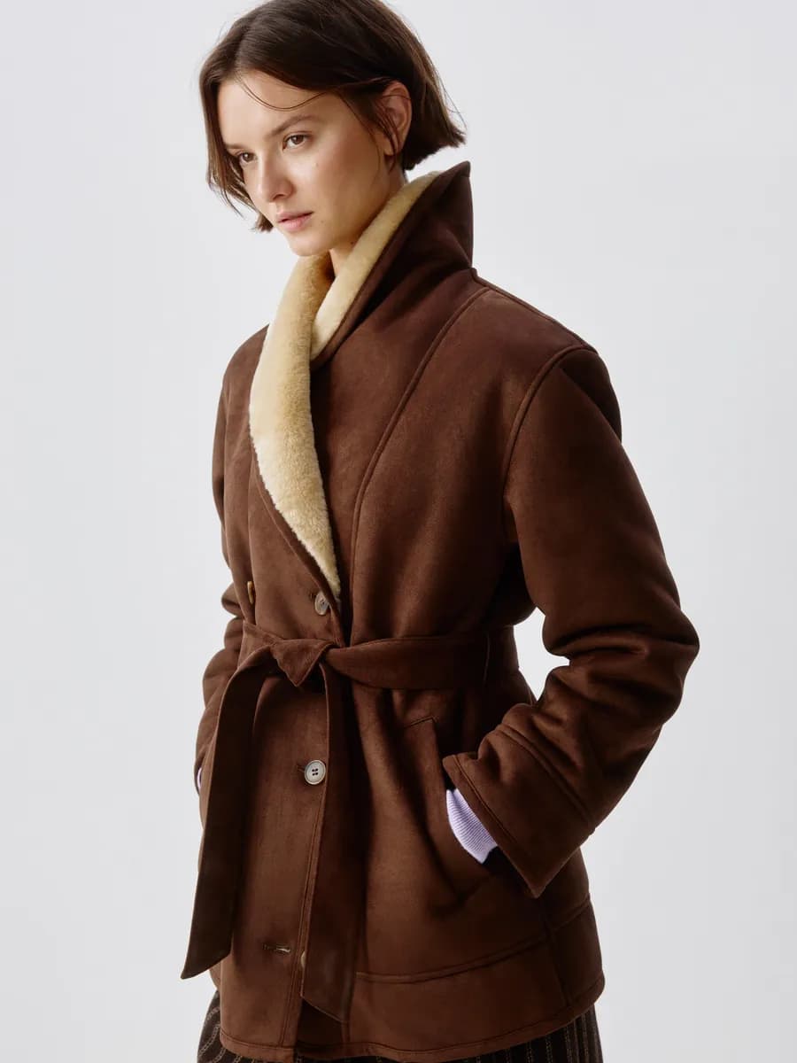 Двубортная дубленка из искусственной кожи