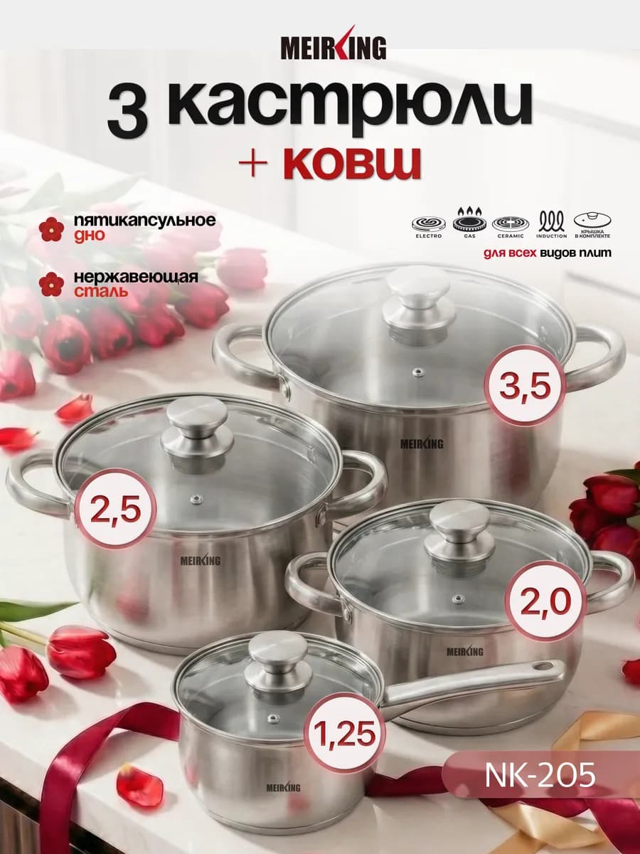 Набор кастрюль и ковш со стеклянными крышками