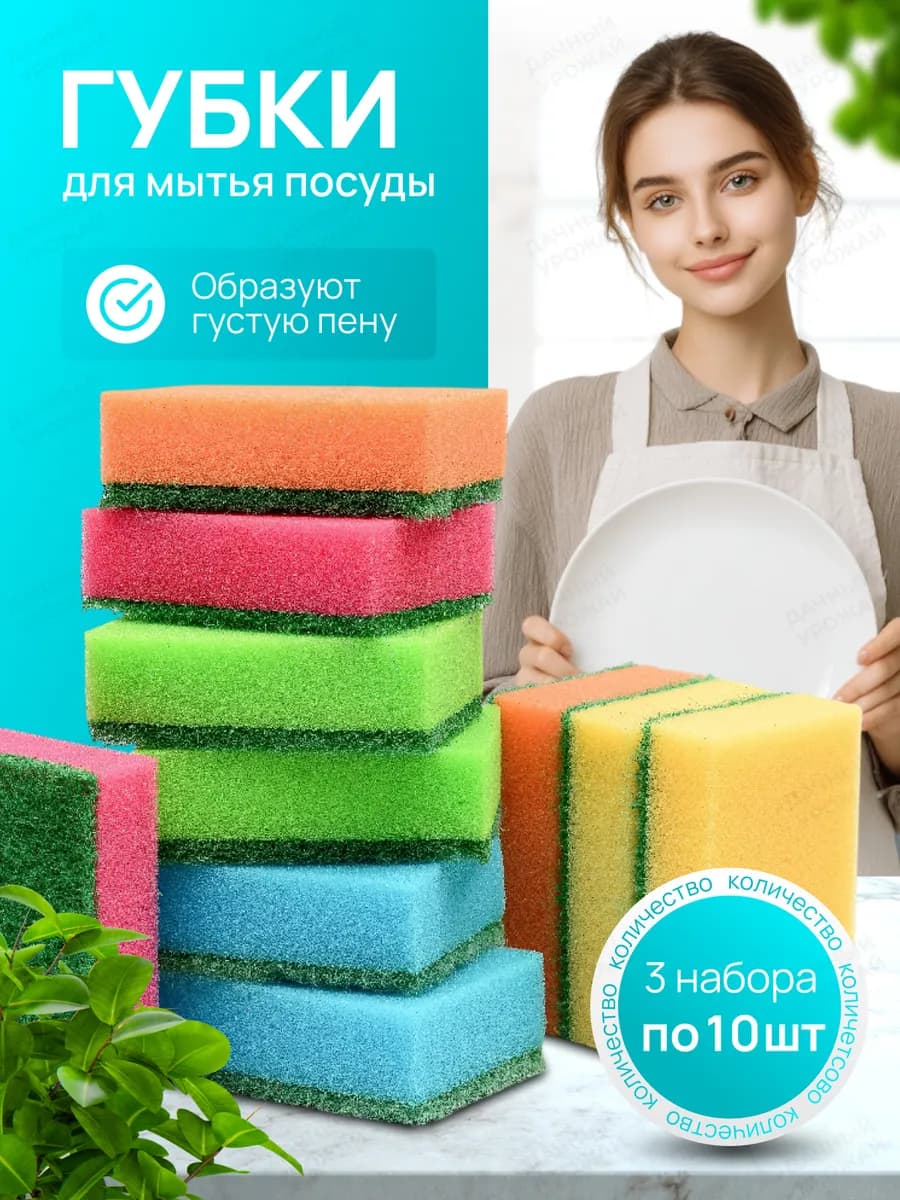 Губки для мытья посуды и кухни, 3уп по 10шт