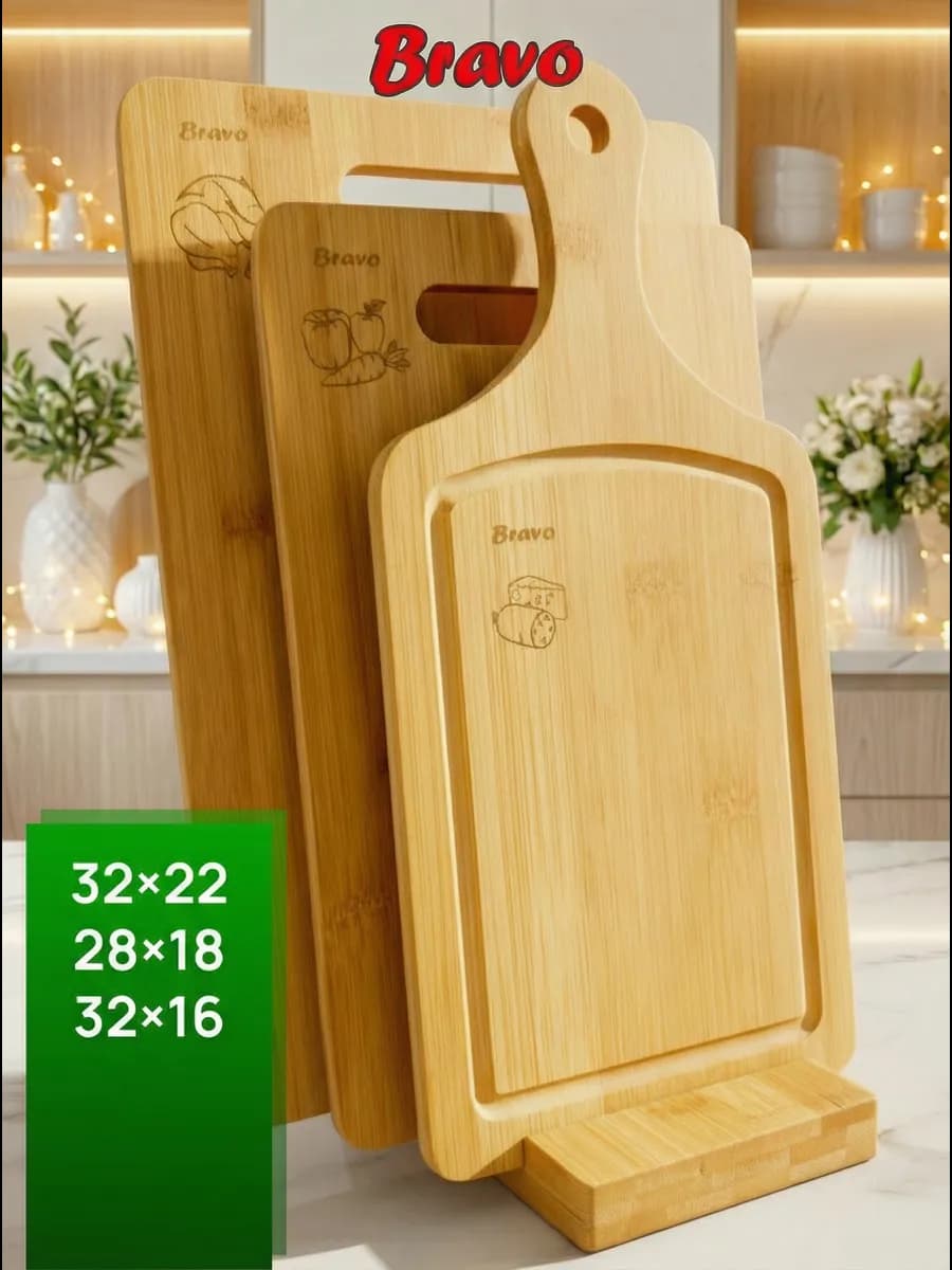 Доска разделочная деревянная набор 3 шт и подставка - фото 1