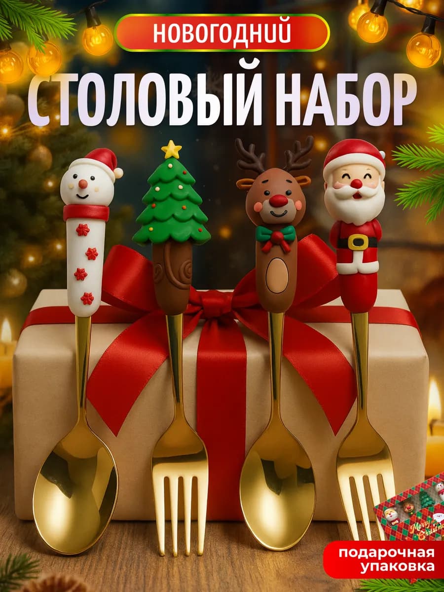 Набор новогодних ложек и вилок, 4 штуки